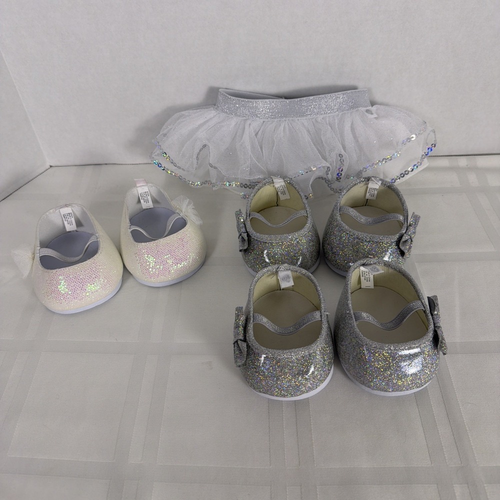 Build a Bear White/Silver Tulle Tutu with 3 pairs of shoes